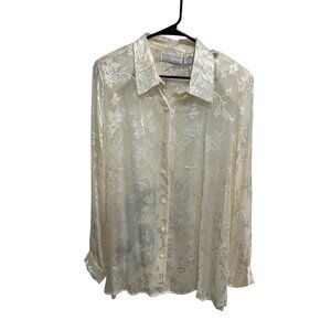 Vintage Silk Lore By Beth Terrell Sheer Floral Button Front Shirt Cream Sz Large